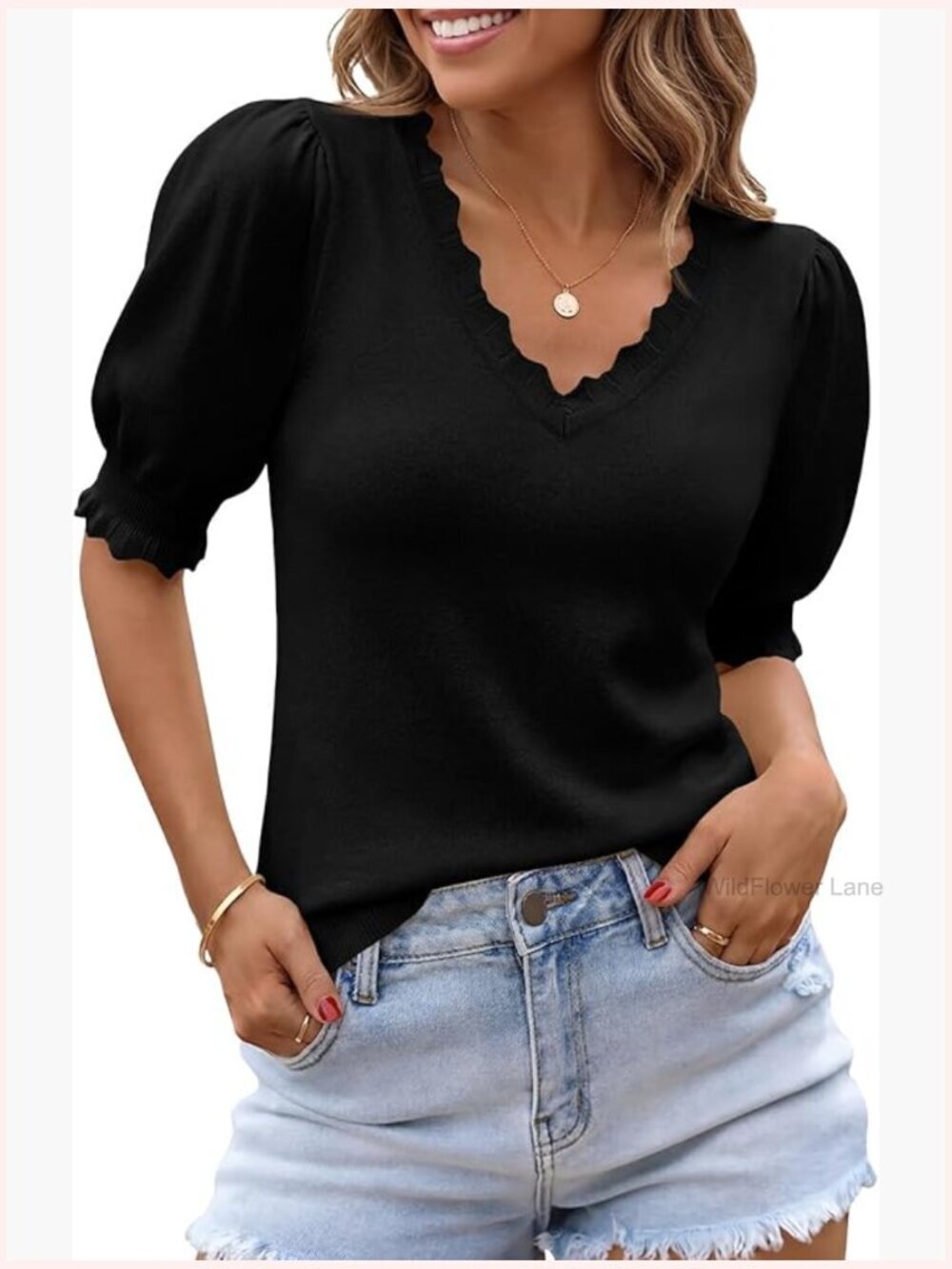 Womens Puff Short Sleeve V Neck Ruffle Casual Knit Pullover Tops